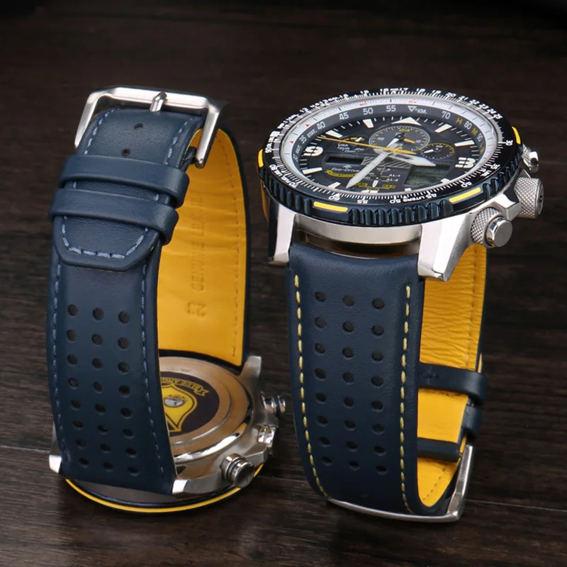 SCHIK 22mm 23mm Blue color Genuine Leather Watchband Strap Men's Watchband For Citizen AT8020-54L/JY8078 with folding buckle