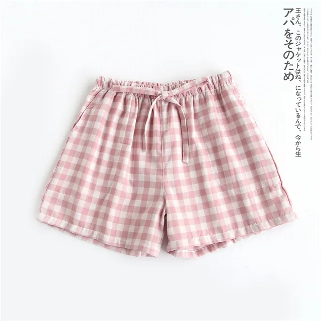 Couple pajamas summer cotton gauze shorts Japanese style simple elastic waist casual large size lattice men and women home pants Lady  pink plaid