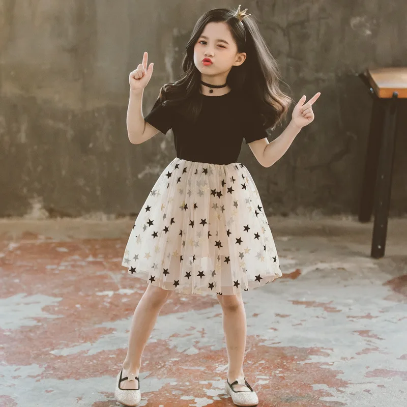 

2019 Summer New Style Korean-style Girls Big Boy Fashion Gauze Five-pointed Star Dress Fashion