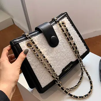 

Elegant Female Plush Tote bag 2020 Winter New High-quality PU Leather Women's Designer Handbag Chain Shoulder Messenger Bag