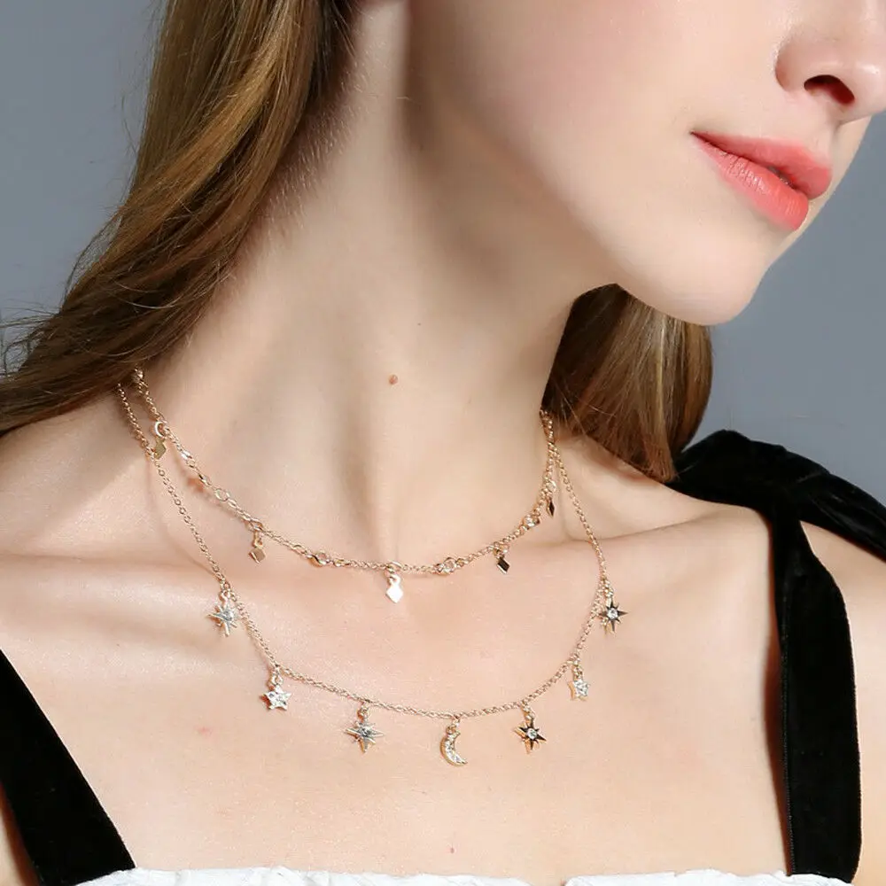 Multilayer Choker Necklace Crystal Star Moon Chain Gold Women Summer Jewelry