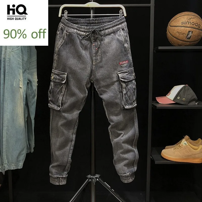 

Autumn Winter Dark Gray Jeans Men Plus Size 4XL Pockets Elastic Waist Hip Hop Harem Pants Street Casual Denim Ankle-Length Pants