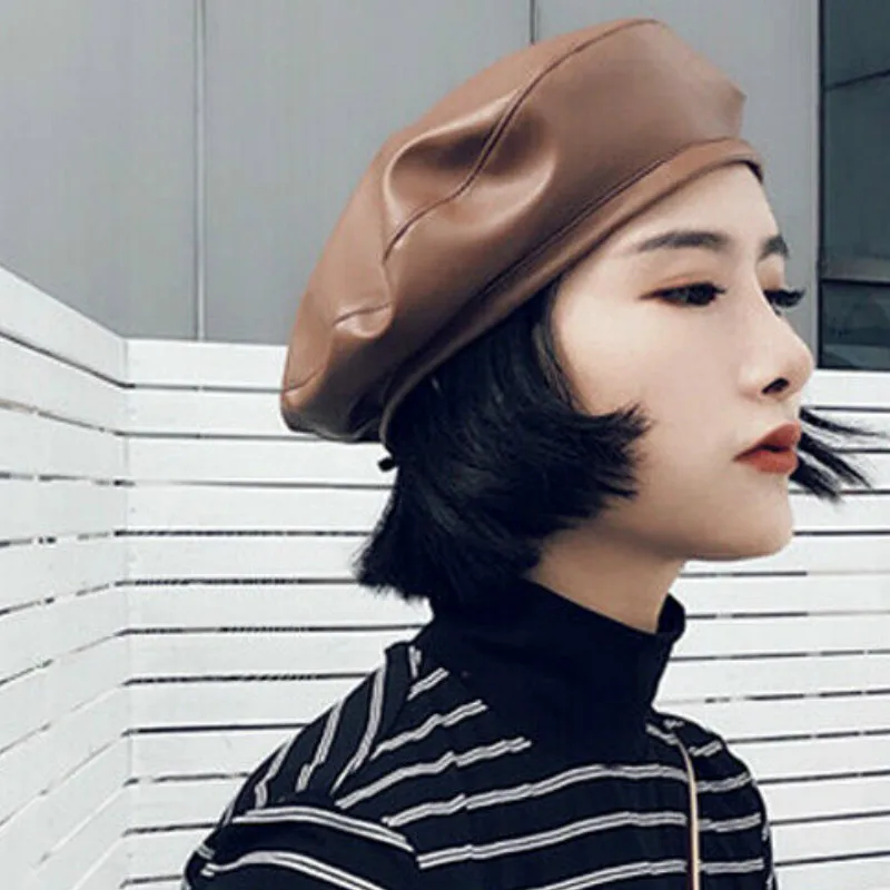 

Fashion Women's Ladies Faux Leather Beret Hat Fashion Solid Caps Painter Hats