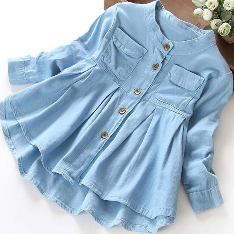 

Children Girls Clothing Baby Girls Denim Ruched Long Sleeve T-Shirt Tops Blouse Clothing Solid O-Neck Girls Cute Denim Dress