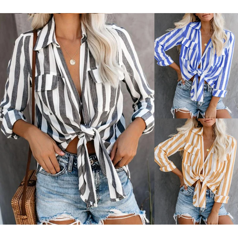 

YELITE Office Woman V Neck cardigan Shirt Pocket Stripes Long Sleeve Loose Blouse Shirts Autumn Winter Womens Casual Blouse