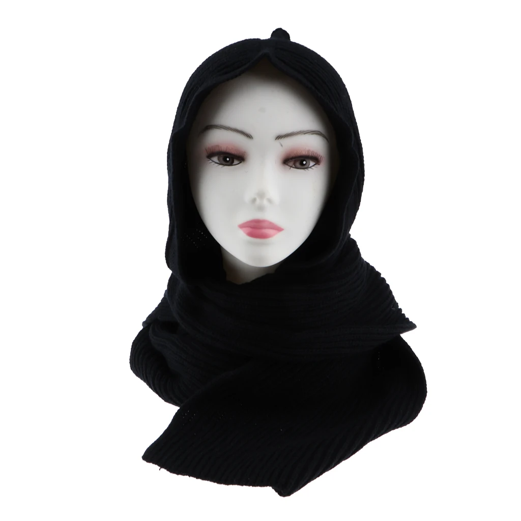 Женский шарф с капюшоном, акрил, шерсть, Вязанная, мягкая, теплая, зимняя, уютная накидка, шея, уши, теплые, мусульманские хиджабы, шарфы, 240 см* 22 см - Цвет: Black as described