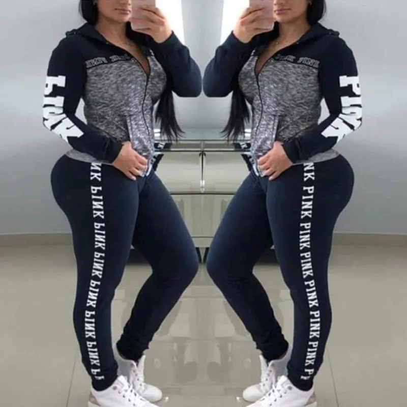 

Pink Letter Print Women 2 Piece Set Zipper Patchwork Hoodies And Pants Sweatshirt Casual Two Piece Autumn Streetwear Tops