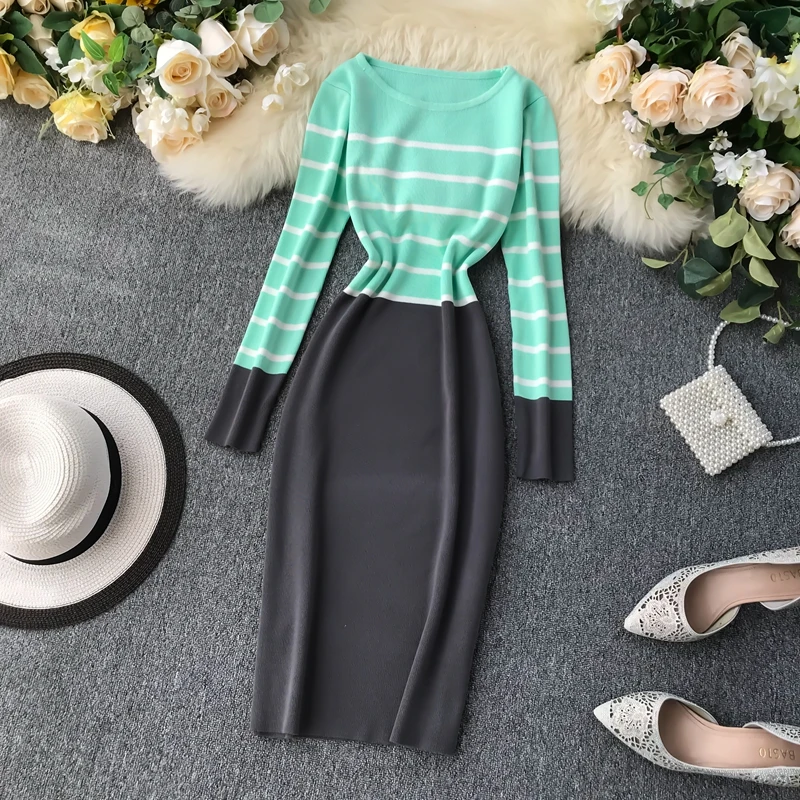 

Amolapha Women Hit Color Striped Pachwork Long Sleeve Knit Dress Casual Knitting Sweater Dress Outfit