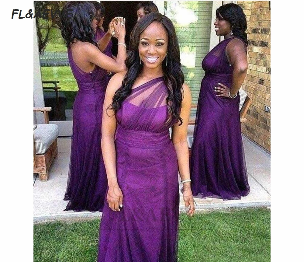 Purple One Shoulder Bridesmaid Dresses 2017 A Line Long Tulle Maid Of Honor Gowns Modest Vestido De Dama De Honor De Boda (2)