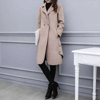 

Longfeng woolen coat women's autumn and winter warm thick temperament slim coat solid color long-sleeved lapel coat wool coats