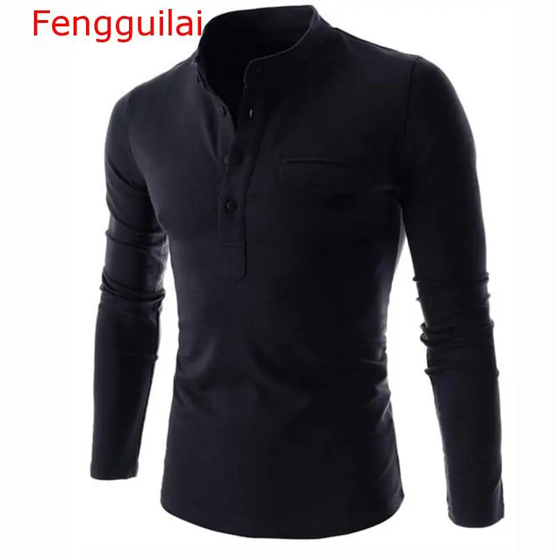 Fengguilai дизайн одноцветное Поло рубашка для мужчин Tand воротник серый длинный рукав Повседневная рубашка-поло ложный карман Хенли Рубашка