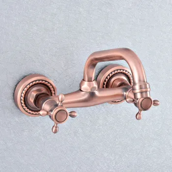 

Antique Red Copper Brass Wall Mounted Kitchen Wet Bar Bathroom Sink Faucet Swivel Spout Mixer Tap Dual Cross Handles asf856