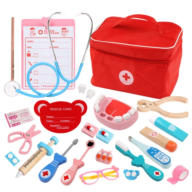 Médico brinquedos para crianças conjunto crianças de madeira fingir jogar  kit jogos para meninas meninos vermelho