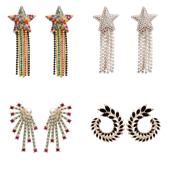 

New Design Long Tassels Earrings for Women Trendy Feather CZ Zircon Star Geometric Statement Drop Earrings Bohemian Jewelry