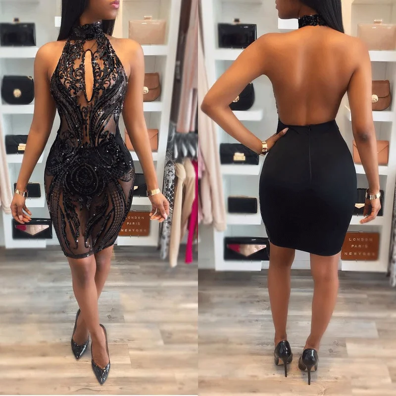 U-SWEAR Summer Sexy Blue Sequins Dress Backless Sleeveless Bodycon Halter Club Party Dresses 2020 Vestidos De Fiesta | Женская одежда