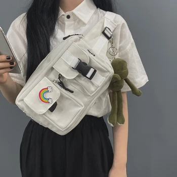 

2020 New Harajuku Korean Wild Female Student Japanese Tooling Bag Machine Function Messenger Canvas Waist Bag Hip Hop Chest Bag
