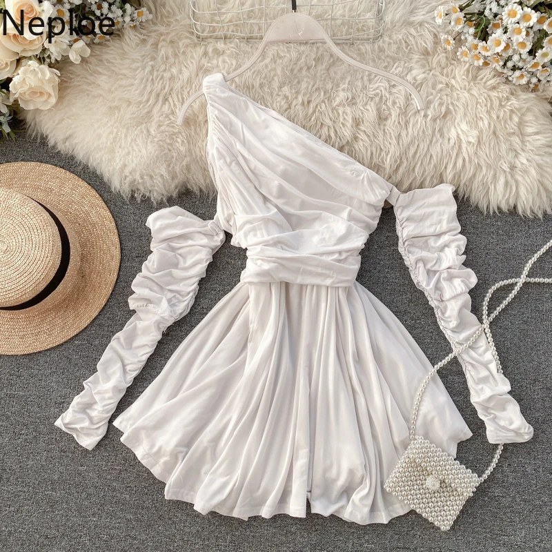 

Neploe Pleated One-Shoulder Women Dresses Spring 2020 Solid Skew Collar Long Sleeve Vestidos Sexy Slim Waist Party Dress 80649