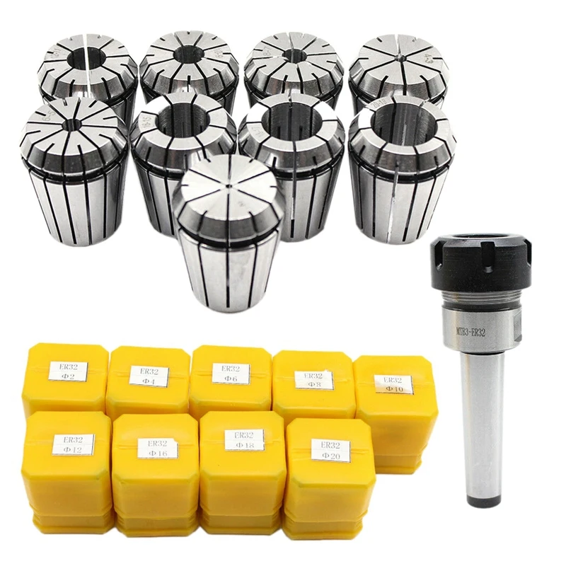 

MT3 ER32 Collet Chuck Morse Taper Holder Milling Chuck M12 + 9Pcs Collets Promotion