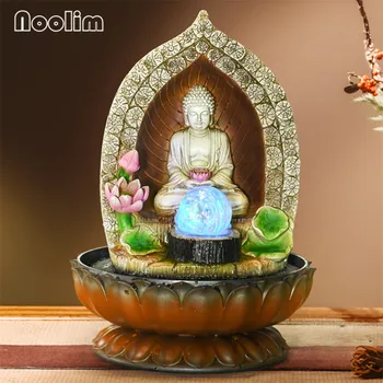 

Buddha Statue Water Fountain Living Room Desktop Feng Shui Ornament with Led Light Ball Office Waterscape Humidifier Home Decor