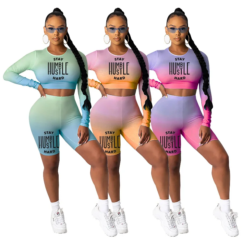 

2020 Summer Women Suit Hot Style Model Long Sleeves Gradient Color Letter Print European And American Fashion Two Piece Set