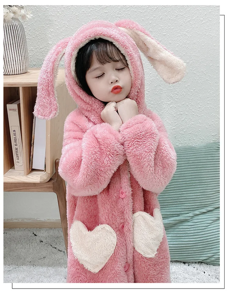 Boys Girls Children Winter Pajamas Hooded Cartoon Bathrobe Princess Flannel Robe Set Kids Sleepwear Coral Velvet Home Clothes
