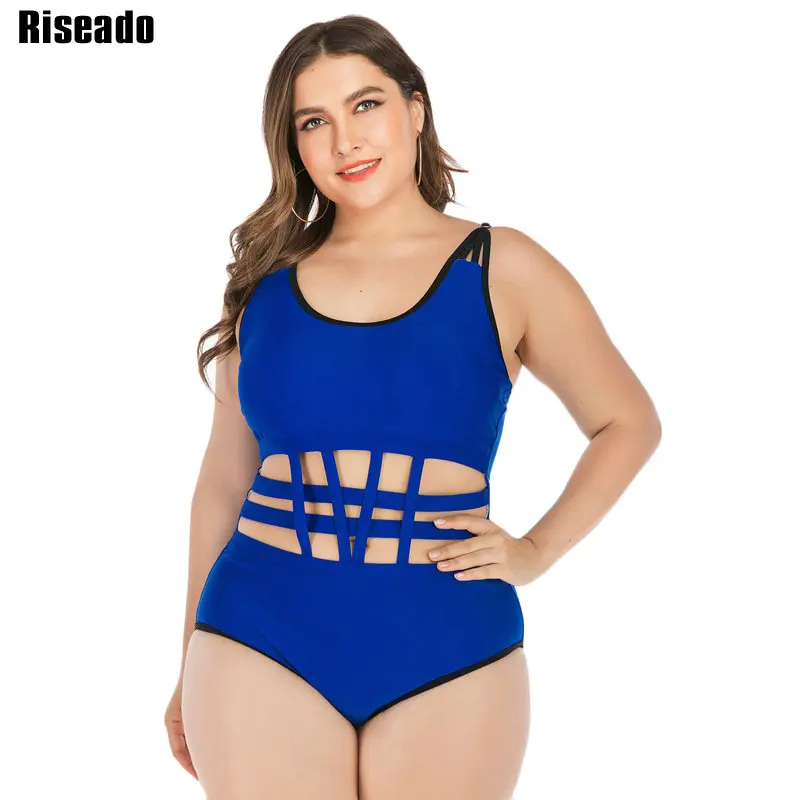 

Riseado New Swimwear 2019 Plus Size Swimsuit Women Cut Out Bandage Beach Wear Solid Blue monokini Female Bathing Suits