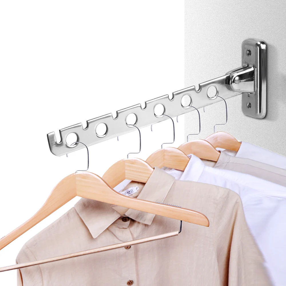 Home Organizer Stainless Steel Clothes Folding Hangers Clothes Drying Rack Wall Mounted 6 Holes Indoor Space Saving 1