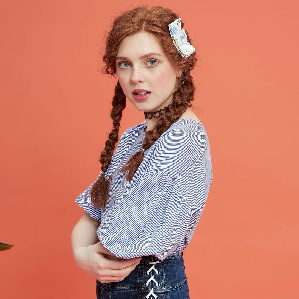  Metersbonwe Women Striped Blue Blouses 2019 Fashion OL Half Puff Sleeves Sliming Office Lady Blouse