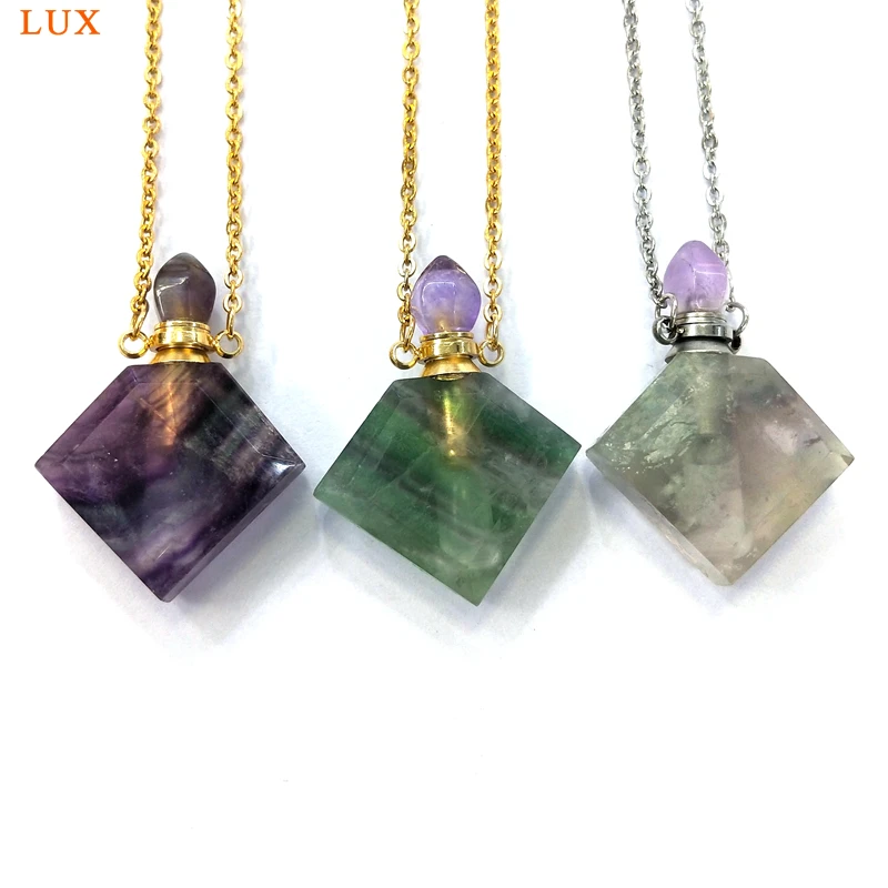 

natural Fluorite gems stone Perfume Bottle Pendant prismatic Shaped Healing Crystal Quartz necklace Essential oils diffuser