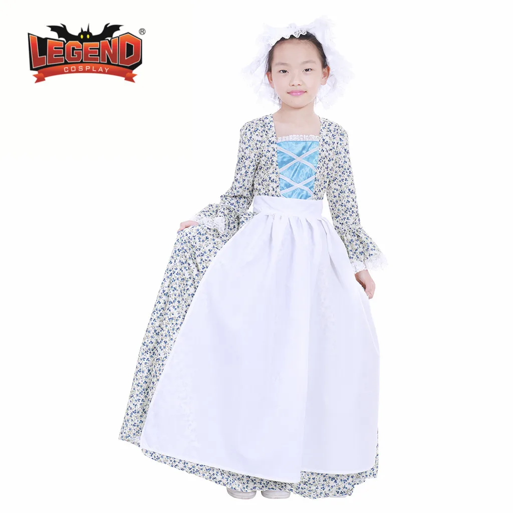 

Carnival Costume for Girls Vintage Countryside Floral Pilgrim Pioneer Bonnet Set Colonial Cosplay Dress custom made