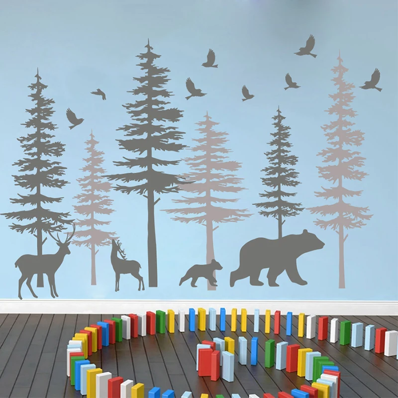 Huge Pine Tree Jungle Animal Wall Sticker Living Room Playroom Forest Tree Woodland Bear Deer Bird Wall Decal Bedroom Vinyl  (2)