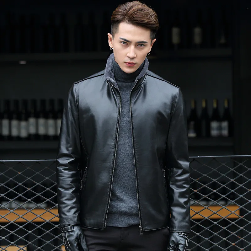 

Mens Winter Leather Jacket Sheepskin Coat Genuine Leather Jackets for Men 100% Wool Lining Short Motorcycle Coats F17S001 KJ2508