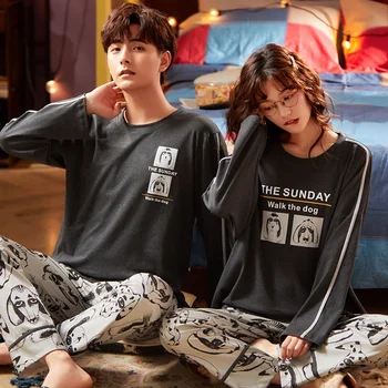

Foply Couple Pajamas Set 100% Cotton Homewear Fresh Style Long Sleeve Sleepwear New Autumn Pj Set For Lover Pijamas Mujer Suit