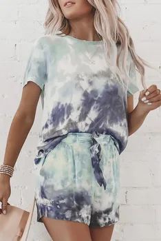

Women Casual Loose Tie Dye Colorful Clothing Sets Lady Short Sleeve Pullover Crew Neck Top + High Waist Drawstring Shorts
