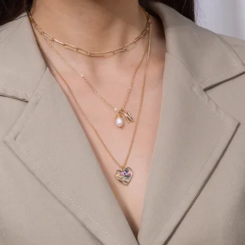 

Europe and America Cool Multilayer Fashion Color Heart Paua Shell Pendant Versatile Natural Freshwater Pearl Necklace Accessorie