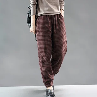 Женские штаны с хлопковой подкладкой, брюки, большие длинные свободные клетчатые Ретро Винтажные модные повседневные штаны для осени и зимы AZ69181721 - Цвет: C