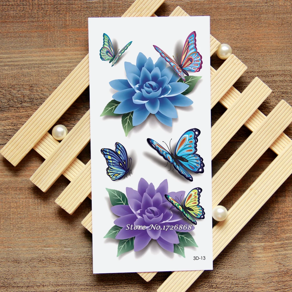 

3D Blue Purple Rose Fake Tattoo Decals Temporary Tattoo Body Art Flash Tattoo Stickers Waterproof For Women Men #013