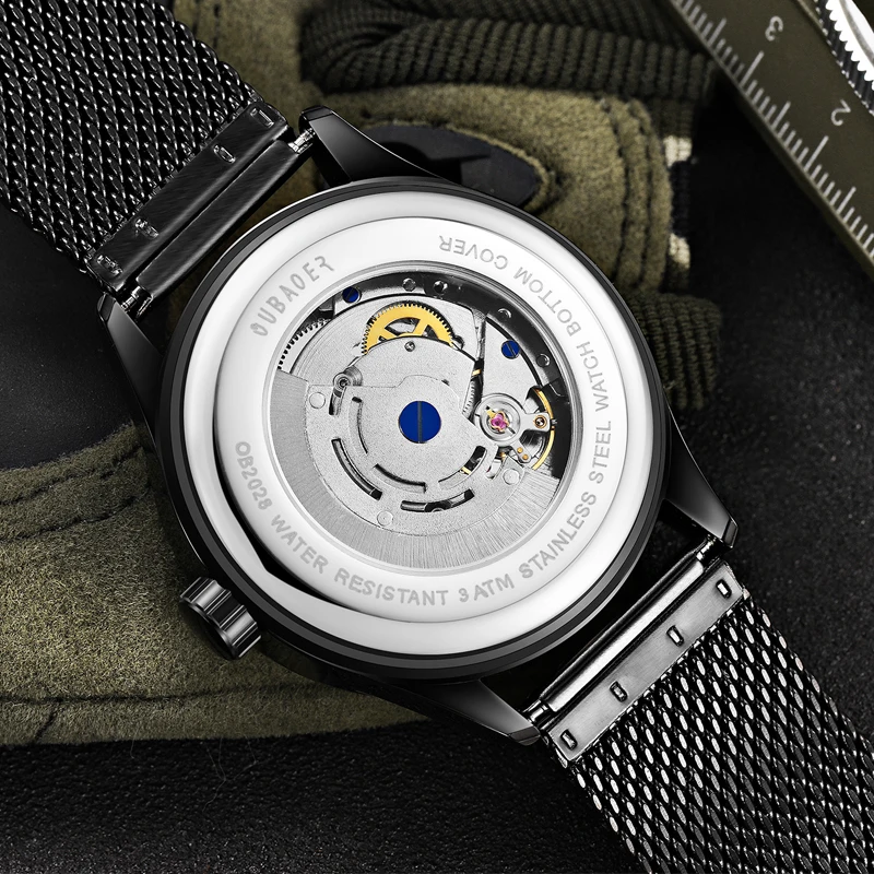 Mens Watches Automatic Watch Mechanical Army Green Men Waterproof Date Steel Man Mesh Strap Mechanical Wrist Watch Male Clock