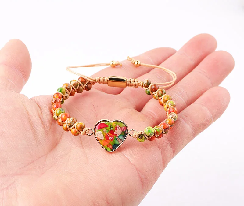 New Design Natural Stone Imperial Heart Charm Handmade Macrame Friendship Bracelet Women
