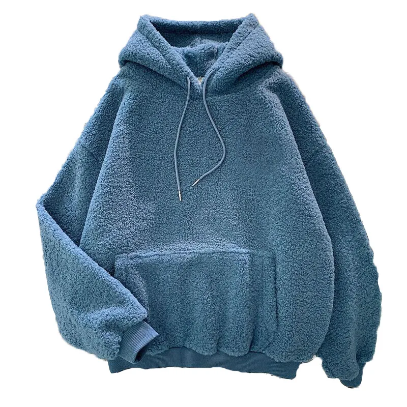 

New Autumn Winter Thick Warm Coat Velvet Cashmere Women Hoody Sweatshirt Solid Blue Pullover Casual Tops Lady Loose Long Sleeve