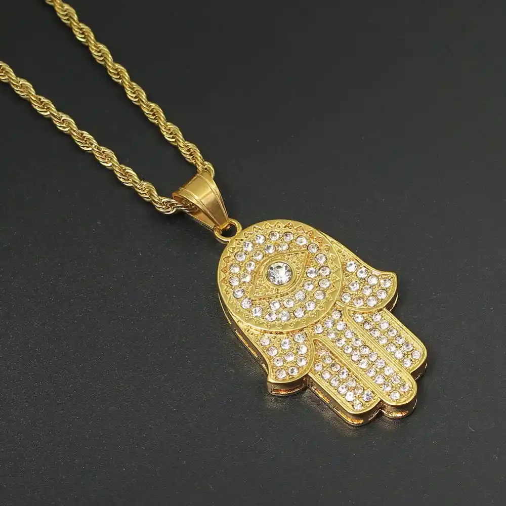 rhinestone hand of fatima pendant with 24 inch stainless steel