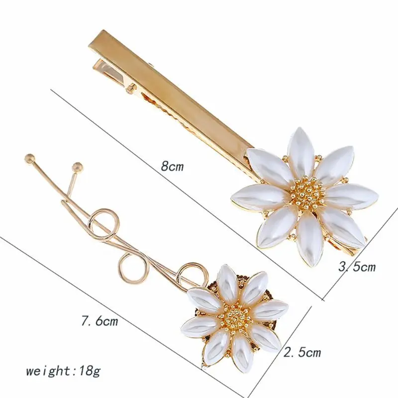 2Pcs Set Women Bridal Alloy Hair Clips Faux Pearl Daisy Flower Duckbill Hairgrip Bohemian Romantic Wedding 4