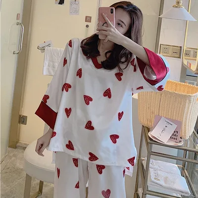 

YD-V-neck Heart Long-sleeved Pullover Sweet Pajamas Tracksuit Piece Series