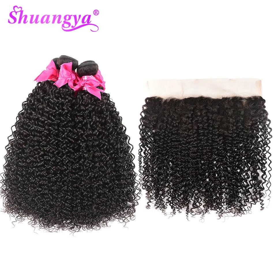 Shuangya волосы монгольские кудрявые вьющиеся пряди с фронтальной 3/4 пряди с фронтальной remy волосы для наращивания фронтальные пряди