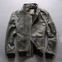 AVIREXFLY Новая Винтажная серая натуральная коровья кожа мотоциклетная кожаная куртка мужская повседневная винтажная воловья кожа куртка