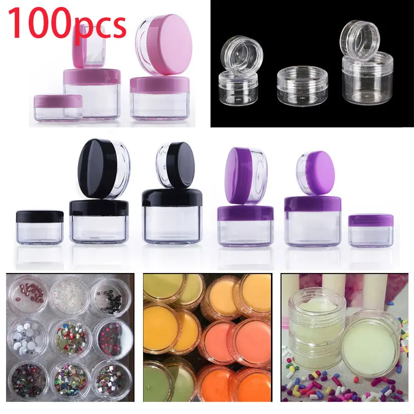 

100pcs x 2g-20 Gram Empty Clear Plastic Sample Container Round Cosmetic Jar Cream Lotion Nail MakeUp Powder Pot +20 mini Spatula