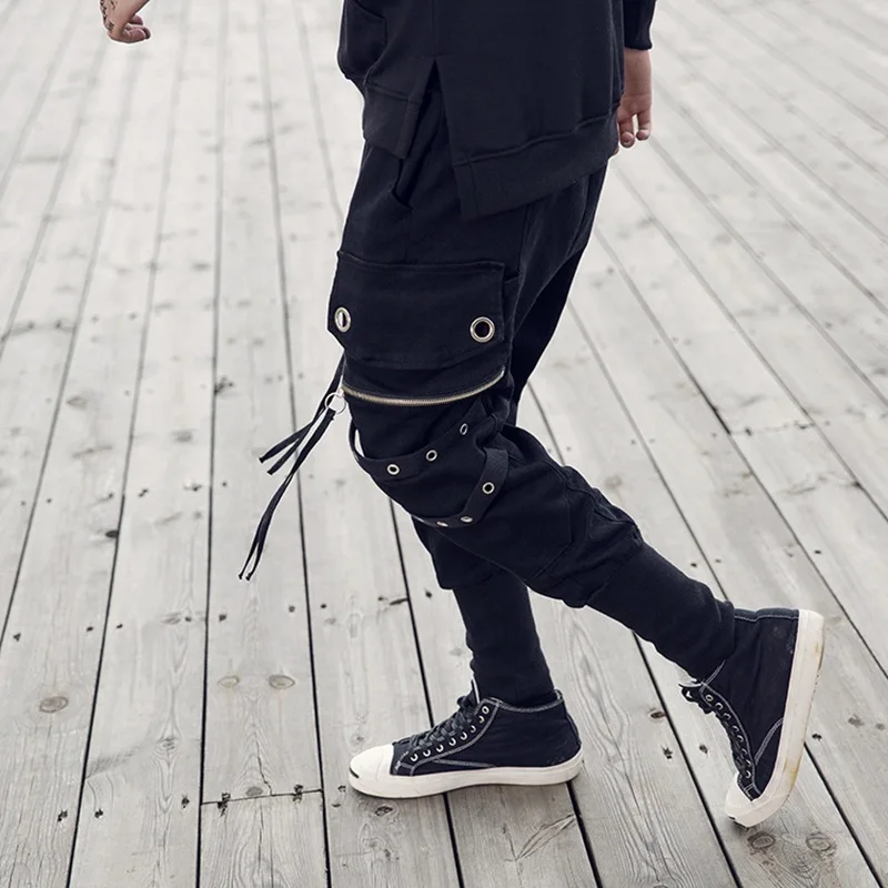 

Black Hip Hop Sweatpants Skinny High Street Joggers Pencil Pants Fashion Sequins Fake Zippers Slim Fit mens Trousers