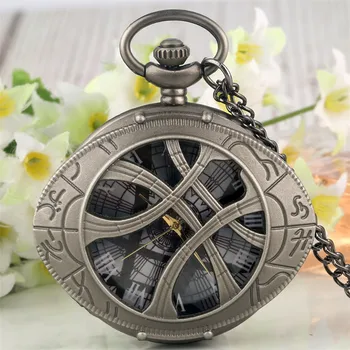 

Vintage Doctor Strange Eye Shaped Half Hunter Quartz Pocket Watches Retro Grey Pendant Watch Fob Chains Romann Numerals Display