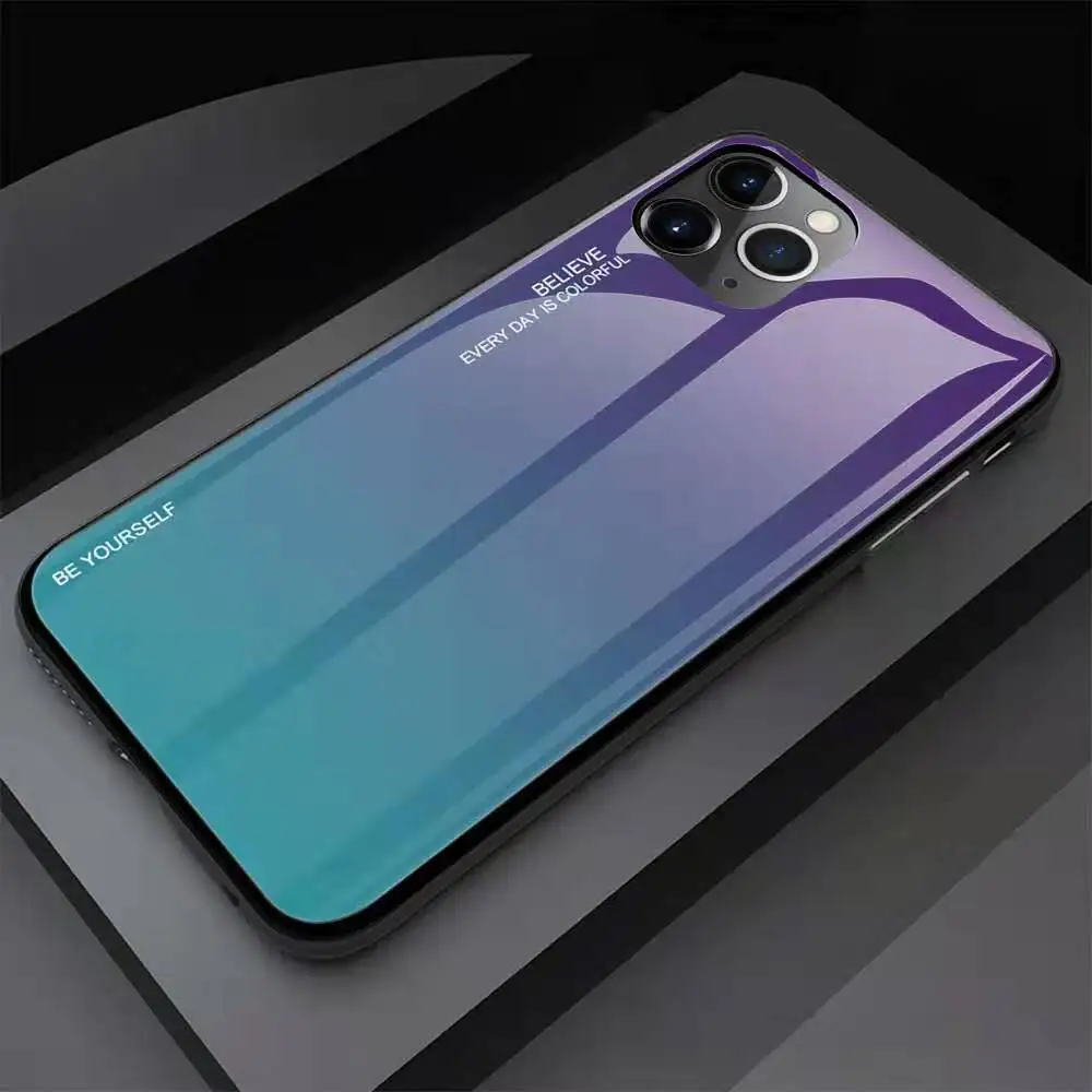 Для iPhone 11 Pro Max чехол из прозрачного закаленного стекла задняя крышка с TPU рамкой устойчивый к царапинам защитный чехол для iPhone 11 - Цвет: blue purple