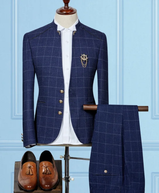 zang lan se Fashion Business Plaid Suits Men 2 Piece Set Asian Size XXXL Slim Fit Men Dress Suit New Popular Stand Collar Men Wedding Suits - Цвет: zang lan se